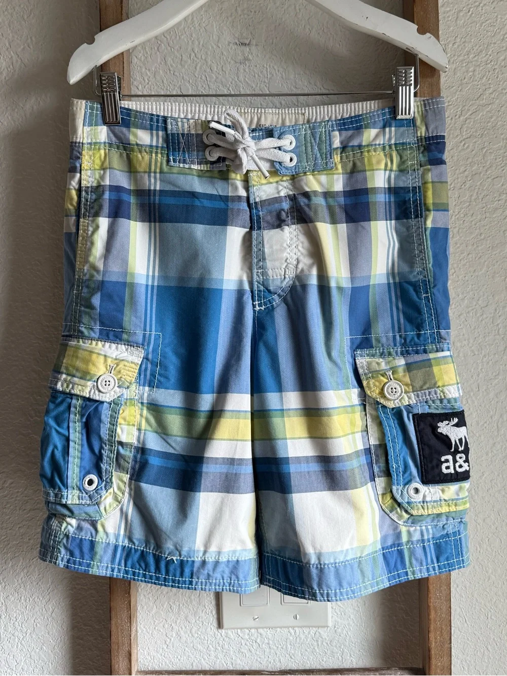 Abercrombie & Fitch Kids Boys Plaid Cargo Swim Trunks Board Shorts sz: Med